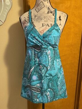 Talbots Swim Dress. Teal, White, Silver. Braided Straps Sz 12